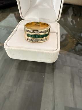 14K Yellow Gold Emerald and Diamond Channel Set Wide Band Ring